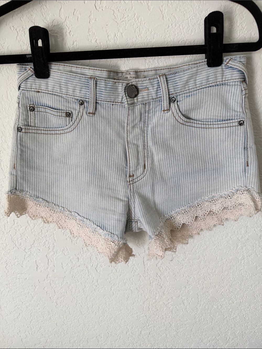 Free People Women's Light Blue Striped Denim Shorts with Lace Trim